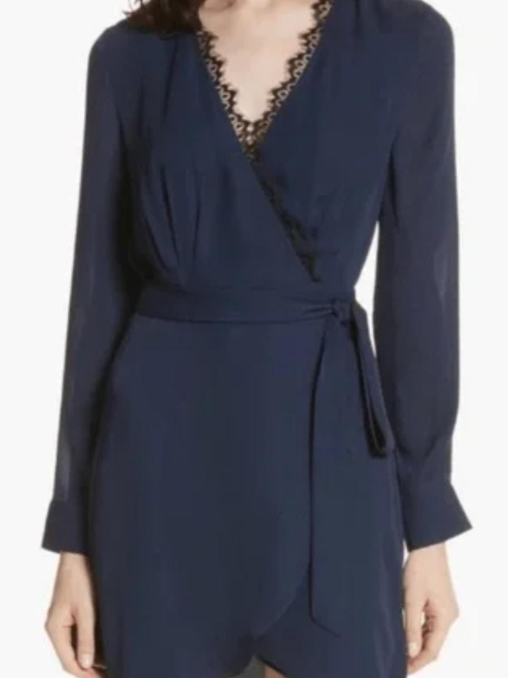 L'AGENCE Trino 100% Silk Wrap Dress with Black Lace Trim Navy Blue - Size S